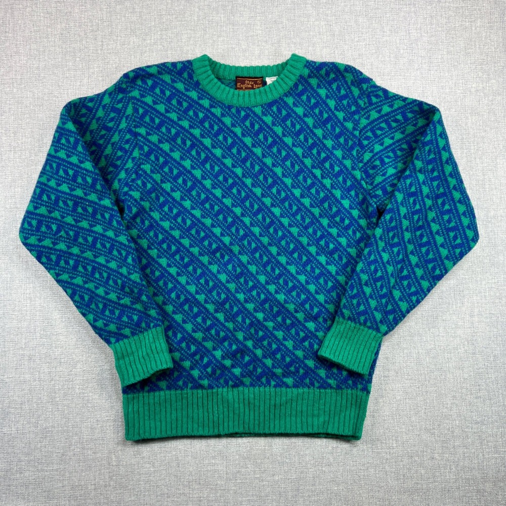VTG 90s Olde English Lane Shetland Wool Sweater Men M Geometric Grandpa Teal
